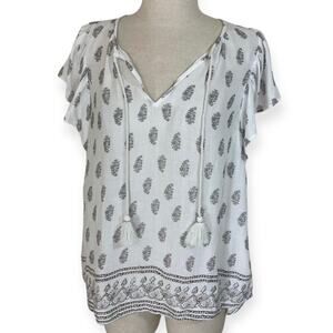 Lucky Brand flutter sleeve top, ladies medium white gray boho tassel tie top